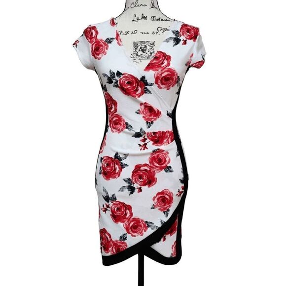🌹 Almost Famous Framed Wrap Front Colorblock Floral Rose Print Dress SIZE S NWT - Picture 1 of 12